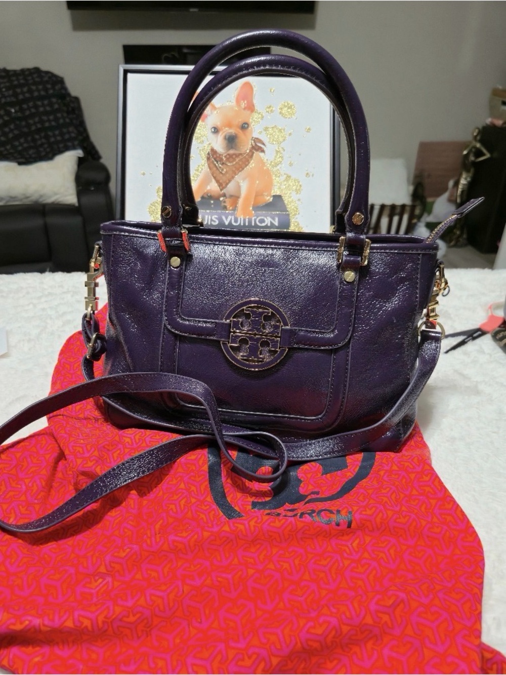 Tory Burch Deep Purple Leather Satchel with Detachable Strap